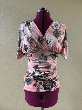 Rampage Pink and Black Floral Surplice Ruched Top